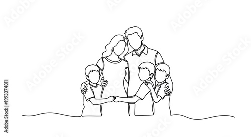 Continuous Line Drawing of a Happy Family with Three Children, Parents Embracing