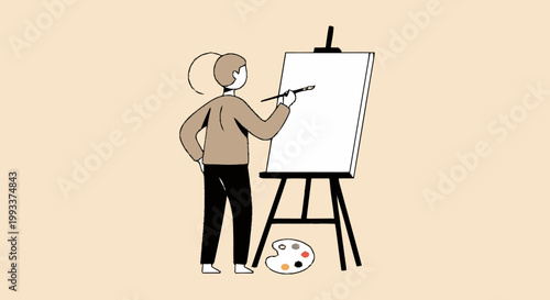 Artist painting on canvas easel with palette.