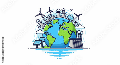 Planet earth with clean energy sources and industry icons