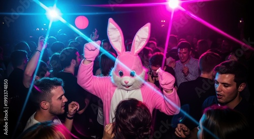 Energetic nightclub scene with person in pink bunny costume dancing in crowd under colorful lights, creating playful party atmosphere, fun nightlife and surreal celebration

