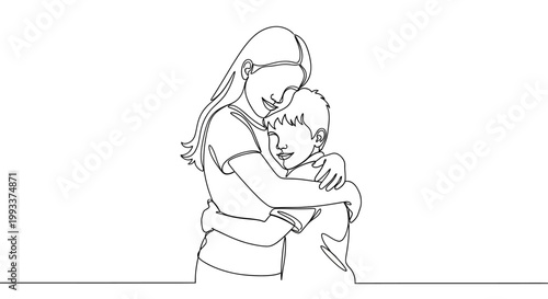 Continuous Line Drawing: Mother Hugging Son, Love and Affection, Simple Minimalist Art