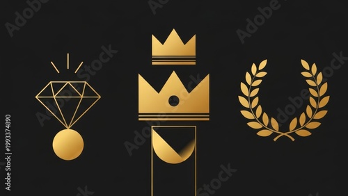Luxury Golden Icons Set with Diamond, Royal Crowns, and Laurel Wreath over Premium Black Background - Vector Illustration