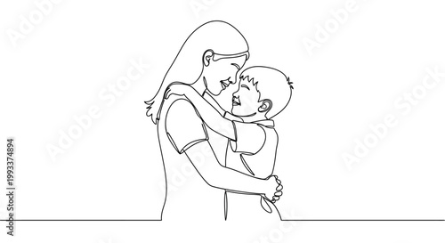 Mother and Child Hugging, Tender Moment, Line Art Illustration, Family Love