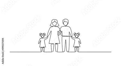 Minimalist line art family portrait: parents and two daughters