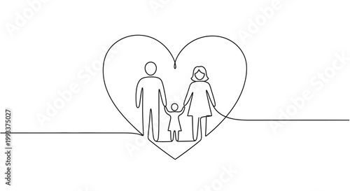 Family Love Heart Line Art: Parents and Child Silhouette in Continuous Drawing