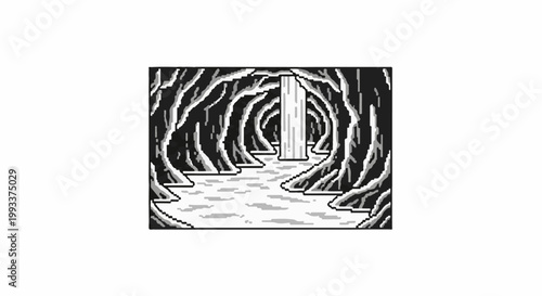 Pixel art cave with a waterfall and path leading to it