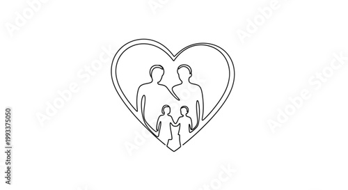 Family Love Heart Icon: Parents and Children Silhouette, Unity and Togetherness
