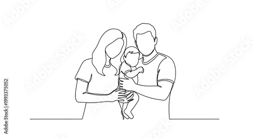 Minimalist Line Art Family Portrait: Parents Holding Baby, Unity, Love, Simple Design