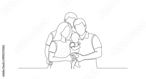 Minimalist line art family portrait with baby, parents and grandparent, single line drawing
