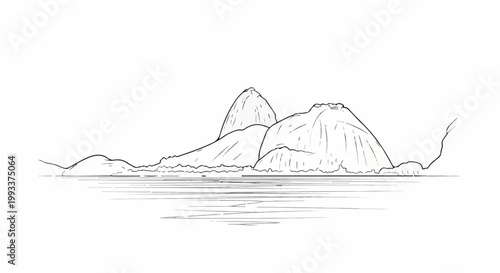 A minimalist sketch of mountains rising from the water's edge