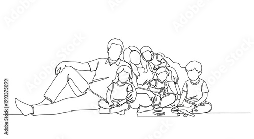 Happy Family Portrait, Parents and Children Sitting Together, Simple Line Art Style