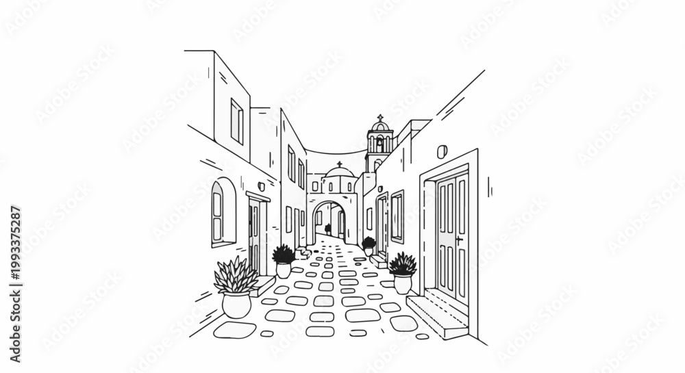 Fototapeta premium A quaint, cobblestone alleyway with white buildings and archways