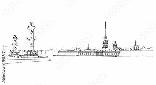 Stylized line drawing of a cityscape with distinctive towers and buildings along a waterfront