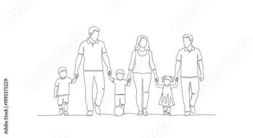 Happy Family Walking Together Holding Hands - Line Art Illustration