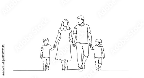 Family walking together, parents and two children, continuous line drawing, simple sketch style