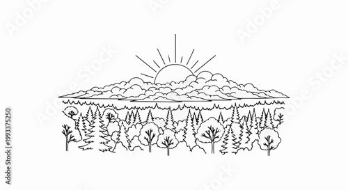Stylized line art of a sunrise over a forest canopy