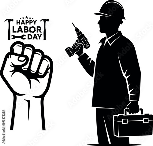 Labor day illustration featuring a construction worker and raised fist