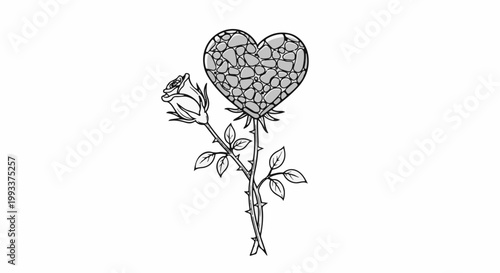 Heart shape of pebbles above a rose on a thorny stem