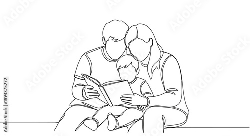 Family Reading Book Together, Continuous Line Art Drawing
