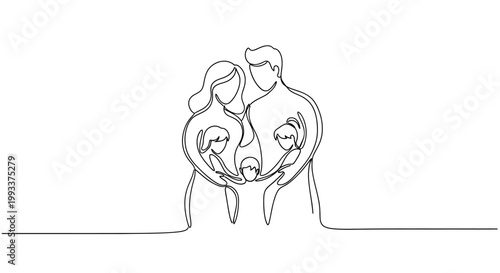 Continuous Line Drawing of a Happy Family: Parents and Two Children Embracing