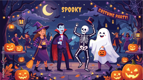 Halloween Spooky Costume Party Illustration Vector Graphic with Witch, Vampire, Skeleton and Ghost Characters