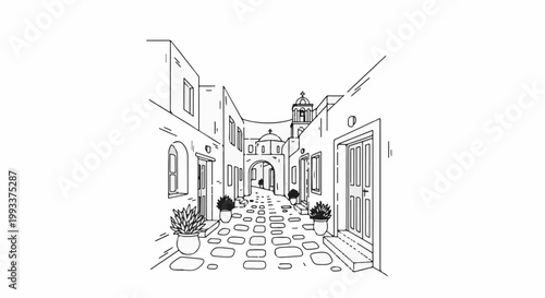 A quaint, cobblestone alleyway with white buildings and archways