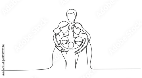 Continuous line drawing of a loving family embracing, parents holding children, symbol of unity and togetherness