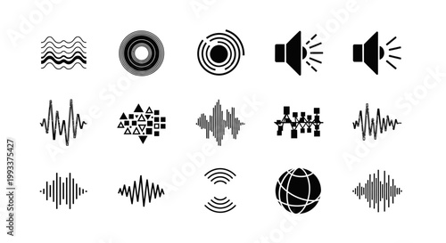 Black sound wave and audio icons.