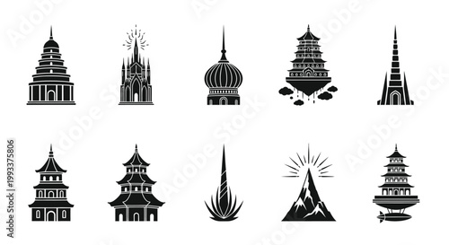 Black and white pagoda buildings icons.