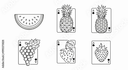 Black and white illustrations of fruits on playing cards and a slice of watermelon