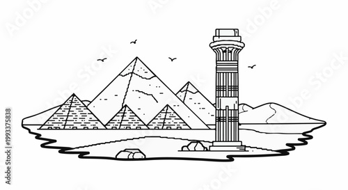Line art illustration of Egyptian pyramids and a tall column