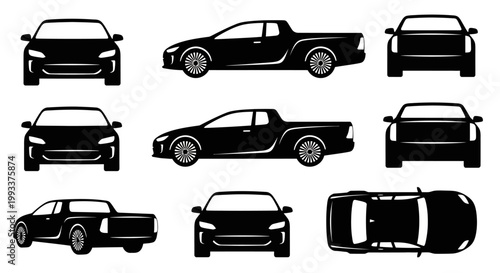 Set of Car Silhouettes: Front, Side, Top Views of Sedans and Pickups