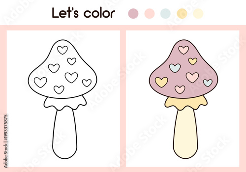 Cartoon mushroom coloring page with colorful sample printable worksheet for preschool, kindergarten kids. Cute toadstool coloring book, Autumn object doodle outline.