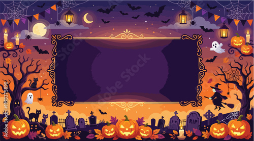 Halloween Vector Illustration Spooky Night Scene with Pumpkins Ghosts Witch and Bats Perfect for Costume Party Decorations and Festive Designs