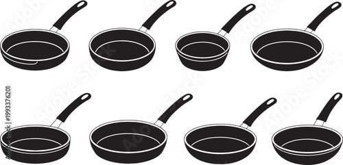 Eight black and white isometric of frying pans and saucepans cooking kitchenware