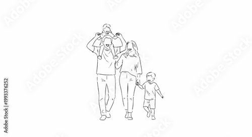 A sketched family of four walking together, two children happy and smiling