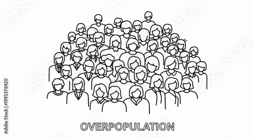 Line art drawing depicts a dense crowd of simplified human figures