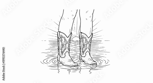 Cowboy boots submerged in water with a rising sun behind them