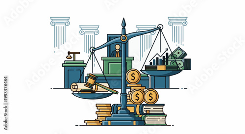 Illustration of scales balancing law, money, and financial growth
