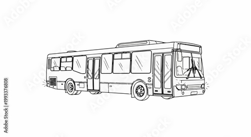 Detailed line art illustration of a public transportation bus with many windows