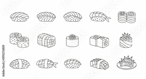Hand-drawn line art illustration of assorted sushi rolls and nigiri