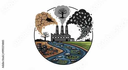Industrial pollution pollutes land, water, and air, impacting nature