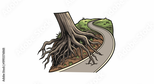 Gnarled roots of an old tree erupting across a winding road