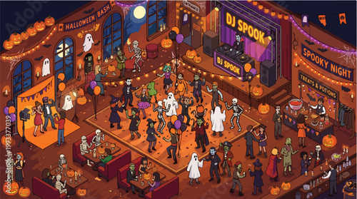 Isometric Halloween Party Illustration with DJ Spook and Costumed Guests Vector Graphic for Festive Celebrations
