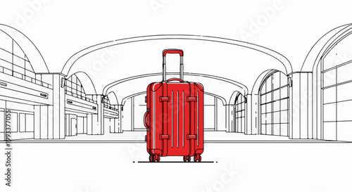 Red suitcase stands in a grand, empty, arched interior