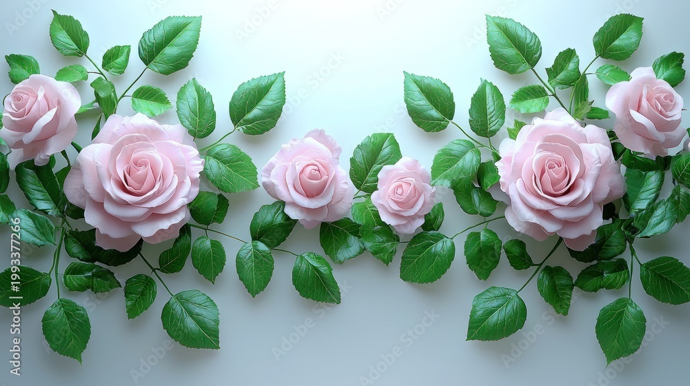 Fototapeta premium Pink roses and green leaves on a soft background