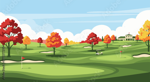 Autumn golf course with colorful trees, a clubhouse, and a golf cart