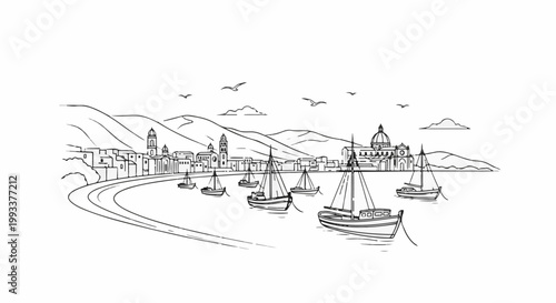 Sketch of sailboats docked near a coastal town with rolling hills