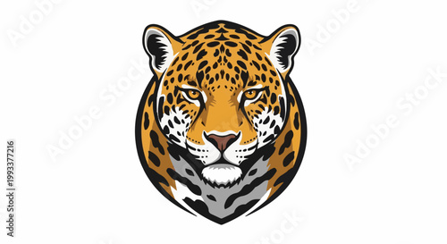 Fierce jaguar head, yellow fur with black spots, sharp gaze