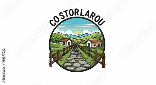 Picturesque rural scene with cobblestone path leading to houses